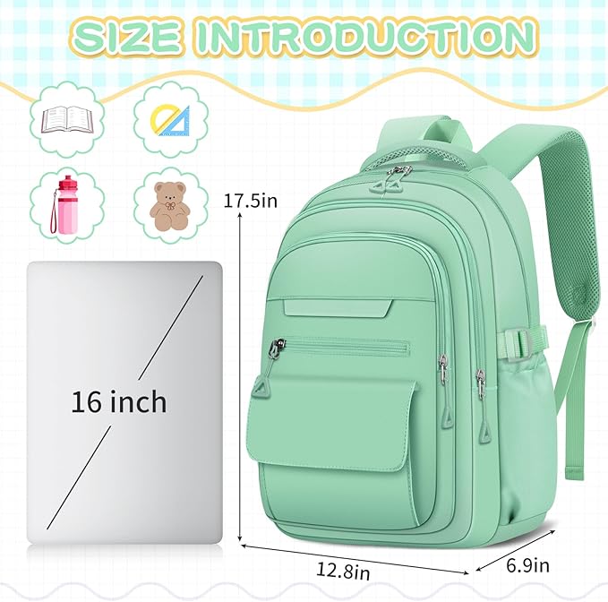 Cute Backpack for School Teen Girls Green Bookbag Aesthetic Womens Travel Book Bags for School Kids Student Back Packs