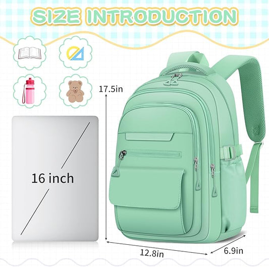 Cute Backpack for School Teen Girls Green Bookbag Aesthetic Womens Travel Book Bags for School Kids Student Back Packs