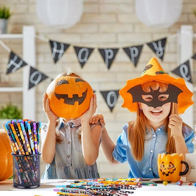 Kolewo4ever 100 Pieces Halloween Pencils Ghost Pumpkin Wood Pencils with Eraser Tops,Assortment Halloween Stationery Pencil for Halloween Party Favors,12 Styles