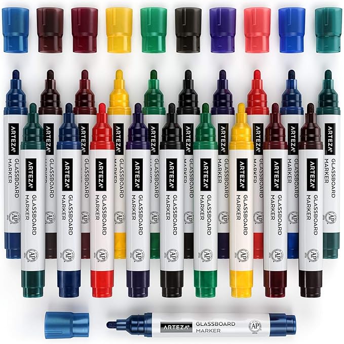 ARTEZA Glass Board Markers, 20 Pack Assorted Colors for Whiteboards, Mirrors, and Windows, Erasable Dry Erase Markers, Office and School Supplies