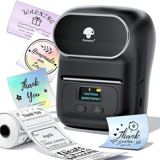 Phomemo M110 Label Maker - M110 Barcode Label Printer Portable Bluetooth Maker Machine with Tape for Name Labels, Small Business, Address, Logo, Clothing Price Tag, Mailing, with 40x30mm Label, Black