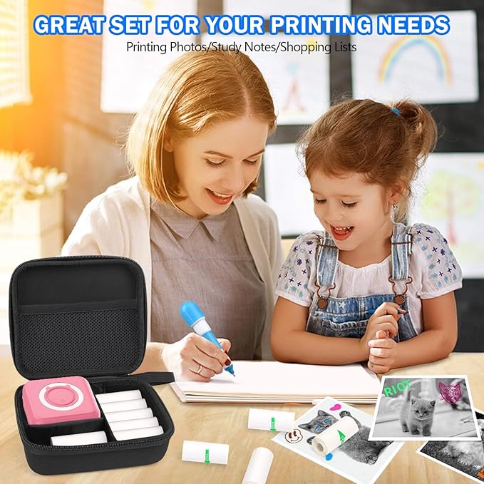 Pink Mini Pocket Printer with Black Case, Mini Thermal Printer with 10 Rolls Thermal Paper, Portable Photo Printers for Travelling, Journal, Memo, Photo, Study Notes, Shopping Lists