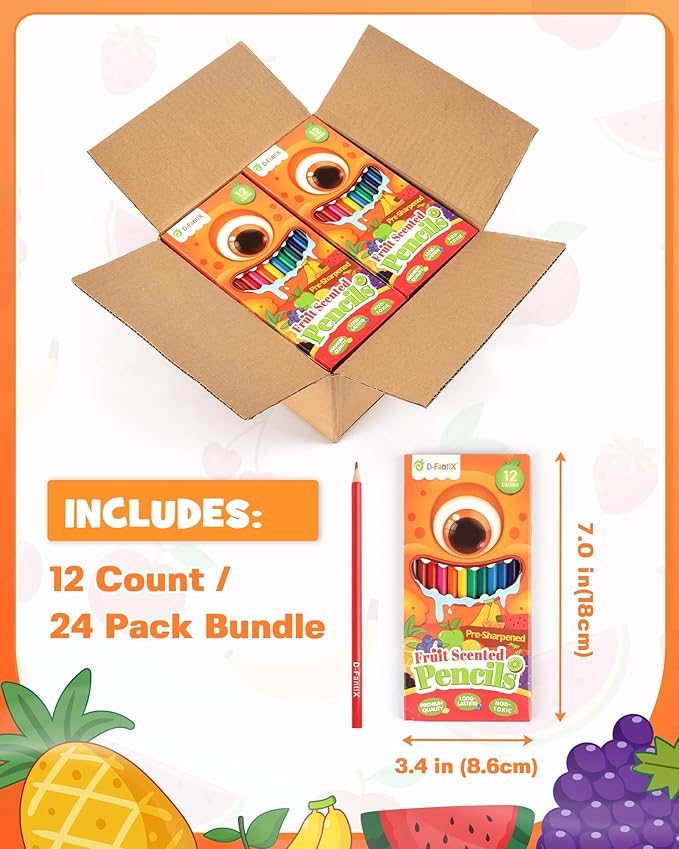 D-FantiX 24 Pack Fruit Scented Colored Pencils Bulk, 288 Count Pre-Sharpened Coloring Pencils Sets for Kids Students, Ideal Gifts for Classroom Prizes, Donations, Party Favors, Back to School Supplies
