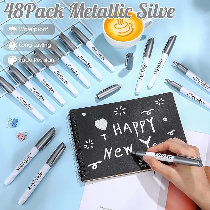 180 Pcs Metallic Permanent Markers Bulk Fine Point Metallic Markers Pens for Fabric, Black Paper, Cards, Scrapbook, Wood, Plastic, Canvas, Mugs, DIY Art Crafts, Etc (Silver)