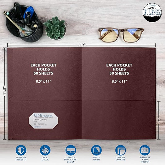 FILE-EZ Two-Pocket Folders, Dark Red Maroon Crimson Burgundy Color, 25-Pack, Textured Paper, Matte Finish, Letter Sheet Size (EZ-32559)