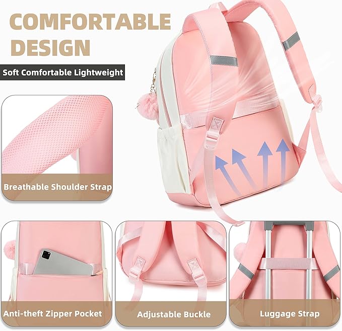 AO ALI VICTORY School Backpack for Girls Women 15.6 Inch Laptop Backpacks College Bookbag Cute Kids Elementary Middle High School Bag with Lunch Box Set for Teens Students Travel Daypack, Pink Set