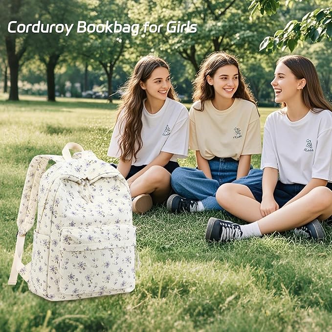 School Backpack for Teens Large Corduroy Bookbag Lightweight 15.6 inch Laptop Bag for Girls Women Casual High School College