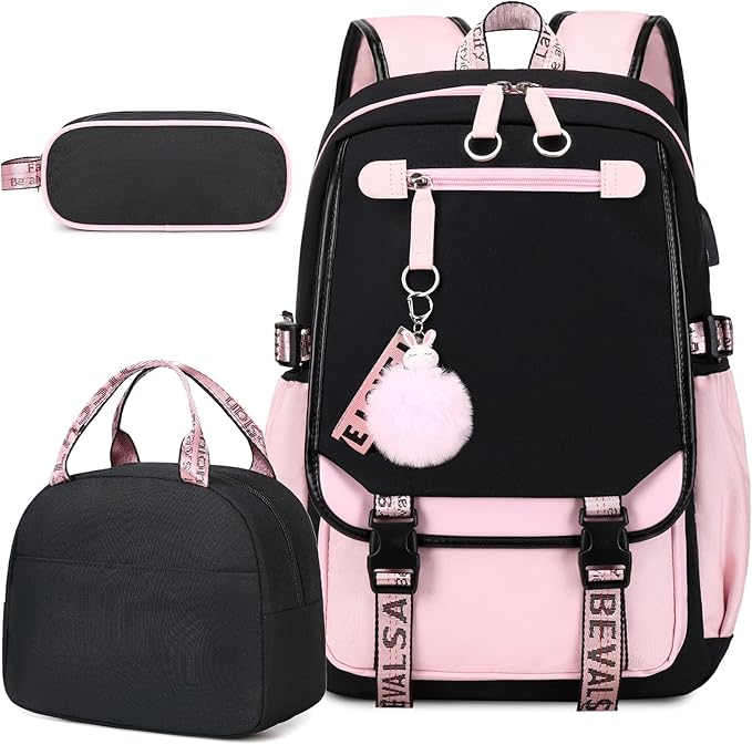 Bevalsa School Backpack for Girls, Backpack with Lunch Box & Pen Case, Bookbag for Girls Kids Elementary Middle High School Student 21L Children Schoolbag