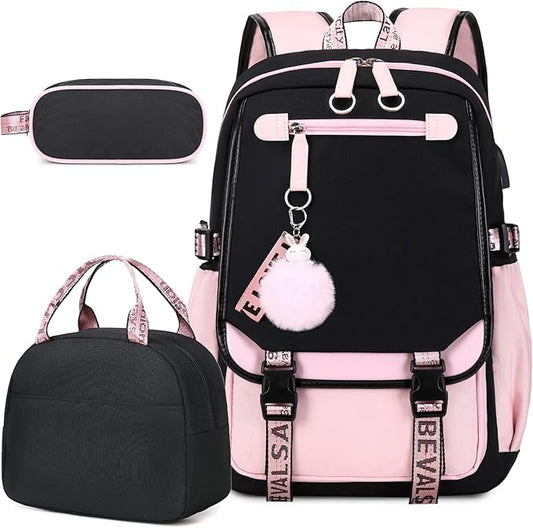 Bevalsa School Backpack for Girls, Backpack with Lunch Box & Pen Case, Bookbag for Girls Kids Elementary Middle High School Student 21L Children Schoolbag