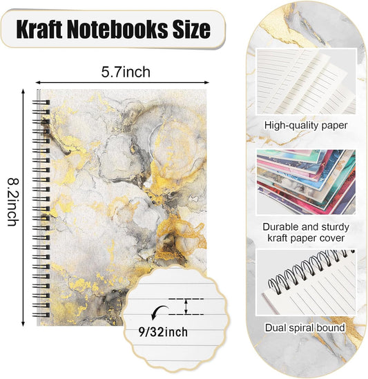 Fuutreo 12 Pcs Spiral Notebook for Work A5 8.3 x 5.7 Inch College Ruled Spiral Journal Notebook Kraft Cover Ruled Paper, 12 Color, 60 Sheets, 120 Pages for Office School(Marble Pattern)