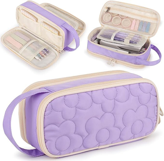 Pencil Case For Girls,Flower Quilted Large Capacity Pencil Pouch With 2 Compartment, Zipper Pencil Bag With Handle, Women Soft Pencil Box For Middle School Office College