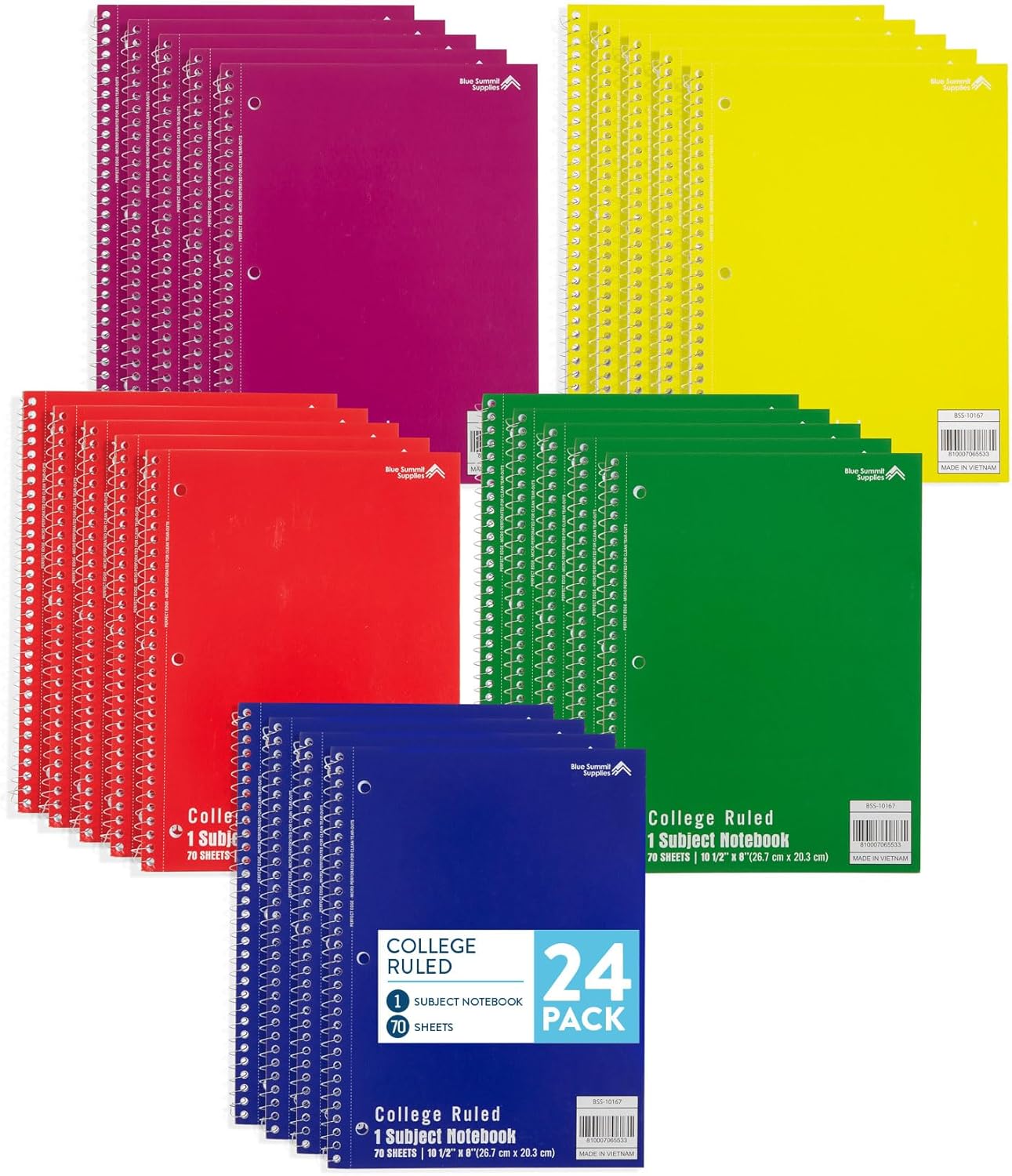 Blue Summit Spiral Notebooks Bulk, One Subject Spiral Notebook College Ruled, Perforated Notebook, 8 x 10.5 for Work and School, Paper, College Ruled, Bulk 24 Pack