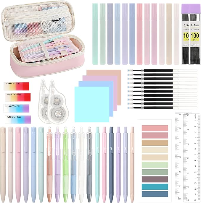 MoKo 56 PCS Aesthetic School Supplies with Pencil Pouch, Cute Stationery Set for Students Office, 12 Gel Pens, 12 Pastel Highlighters, 6 Mechanical Pencils 0.5 & 0.7mm, Sticky Note Index Tab (Pink)