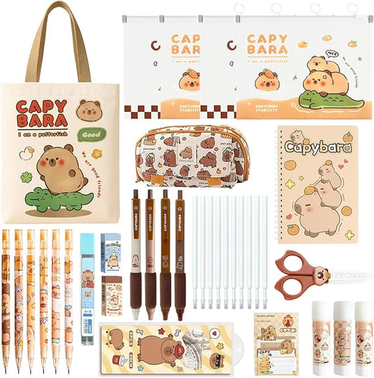 School Supplies Cute Stationery Set Back to School Capybara Pencil Case,Canvas Bag,6 Gel Pens,4 File Pockets,3 Glue Sticks,6 Mechanical Pencils, Perfect Easter Christmas Birthday Gifts for Children