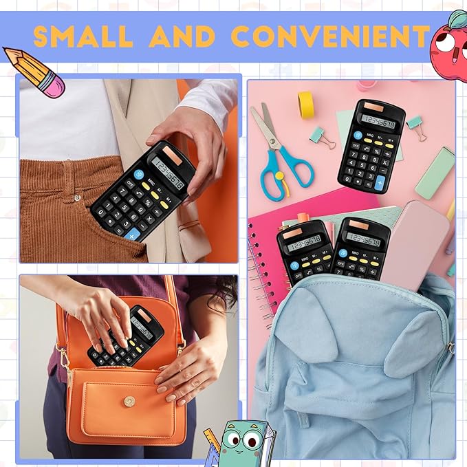 24 Packs Pocket Size Mini Black Calculator Basic Calculators for Handheld Angled Students 8 Digit Display Solar Battery Dual Power Small Calculator for Students Kids Home Office