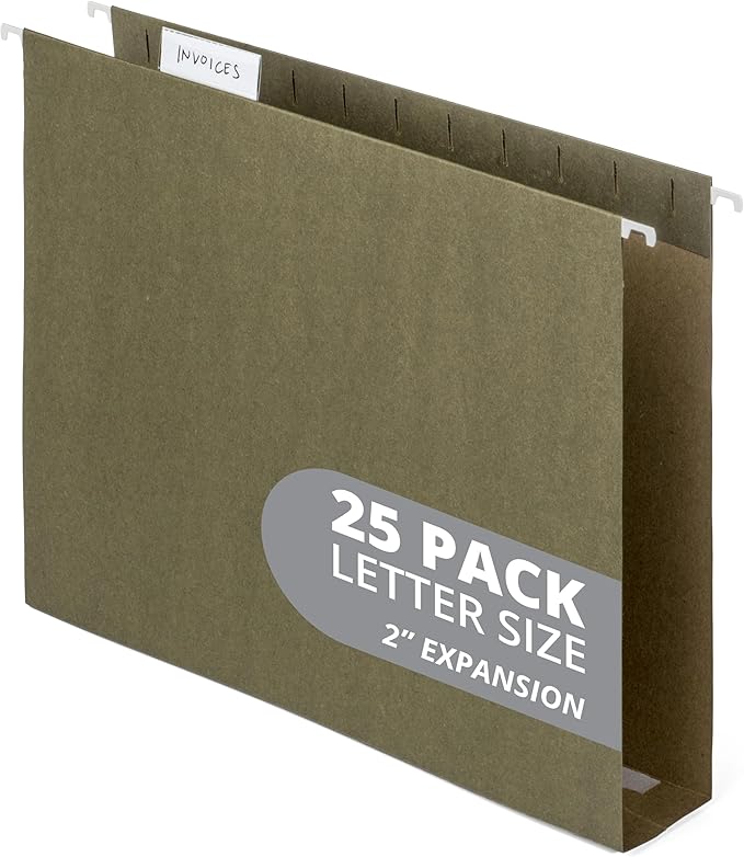 Blue Summit Supplies 25 Pack Extra Capacity Hanging File Folders Letter Size, Reinforced Green Hanging File Folders, Heavy Duty 2 Inch Expansion, Designed for Wide, Bulky Files and Charts