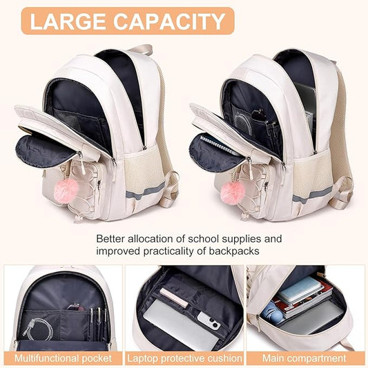 School Backpack for Teen Girls, Cute College Back Pack for Women, Kids Backpack for Girls, Middle Students School BookBag, 15.6 Inch Laptop Bag Travel Back Pack, Beige