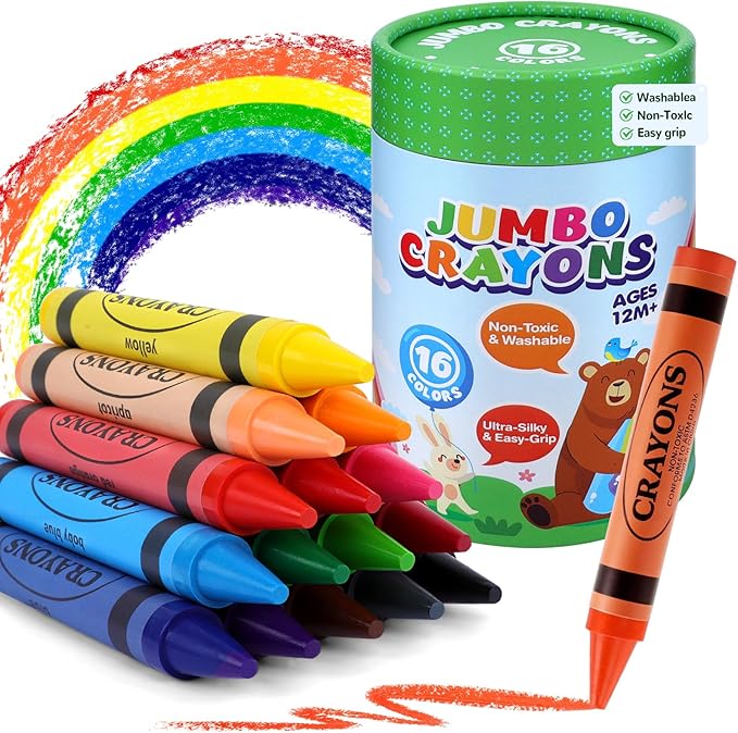 Jumbo Crayons for Toddlers 1-3 - 16 Colors Washable Toddler Crayons for Kids Ages 4-8 & 2-4, Non-Toxic, Silky Easy-Grip Large Crayon for Kids Art Coloring, Back to School Supplies,Classroom Must Haves