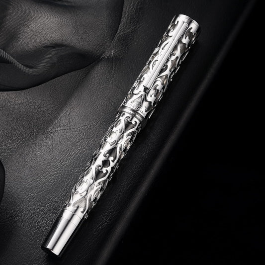 Hongdian D1 Piston Fountain Pen Extra Fine Nib, Hollow Skeleton & Resin Pen with Metal Case Set (Silver)