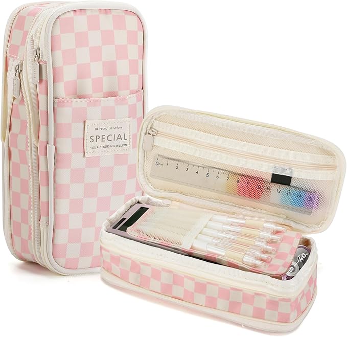 Large Capacity Pencil Case for Teens Girls - Cute Checkerboard Pencil Pouch with Zipper, Stationery Bag Box for Student Back to School Gifts, Pink