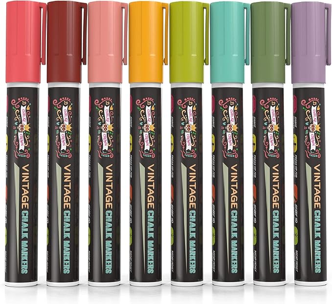 CHALKY CROWN Liquid Chalk Markers - Dry Erase Marker Pens - Chalk Markers for Chalkboards, Signs, Windows, Blackboard, Glass - Reversible Tip (8 Pack) (Vintage, 6mm)