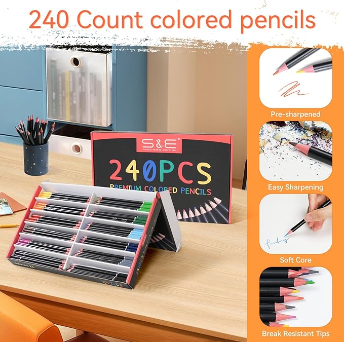 S & E TEACHER'S EDITION Colored Pencils 240Pcs, Pre-sharpened Super Soft Core Lead, Kid's Colored pencils,In Drawing Pencils, Woodcase Lead Pencils, Kids Bulk Back to School Supplies