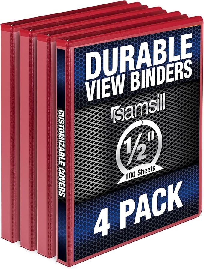 Samsill Durable .5 Inch Binder, Made in the USA, Round Ring Customizable Clear View Binder, Red, 4 Pack (MP48413)
