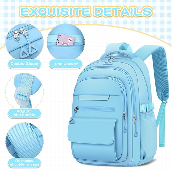 Cute Backpack for School Teen Girls Blue Bookbag Aesthetic Womens Travel Book Bags for School Kids Student Back Packs
