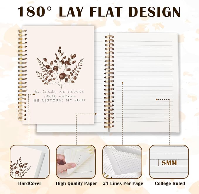 Qabliqo Vintage Plant Christian Spiral Notebooks, He Restores My Soul Bible Journals for Writing, Religious Payer Journal for Women Men, Scripture Notebook for Note Taking, 5.5x8.3 Inch