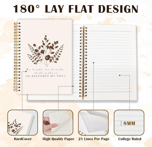 Qabliqo Vintage Plant Christian Spiral Notebooks, He Restores My Soul Bible Journals for Writing, Religious Payer Journal for Women Men, Scripture Notebook for Note Taking, 5.5x8.3 Inch