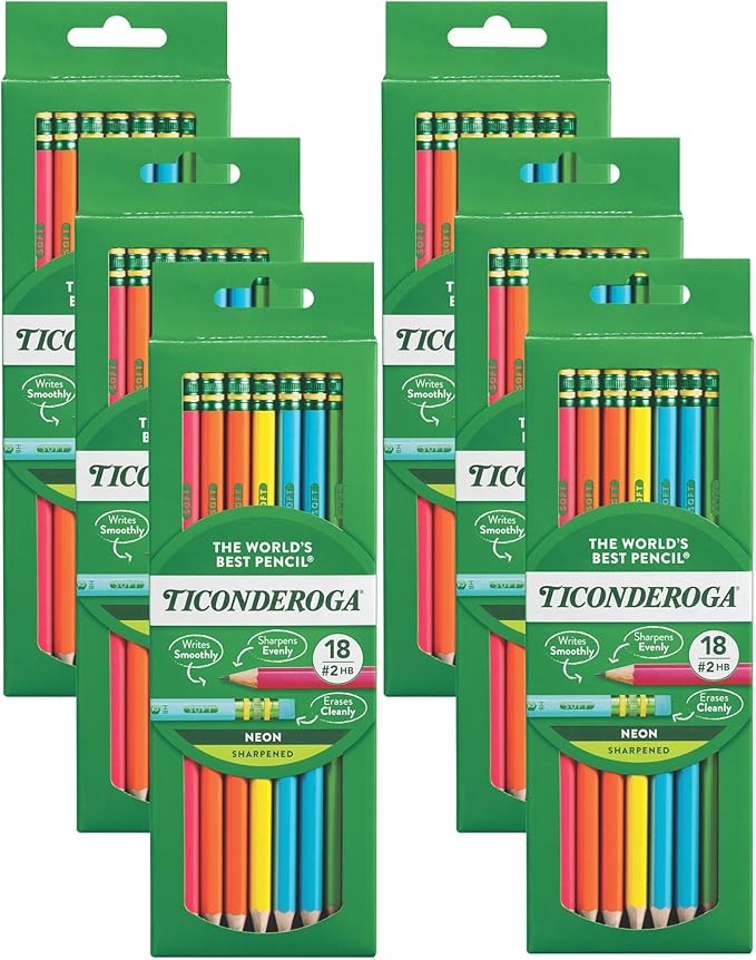 Ticonderoga Neon Pencils, #2 Pre-Sharpened Wood Pencils with Erasers, 18-Count, 13018 (Pack of 6, 108 Count Total)