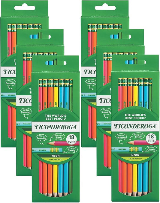 Ticonderoga Neon Pencils, #2 Pre-Sharpened Wood Pencils with Erasers, 18-Count, 13018 (Pack of 6, 108 Count Total)