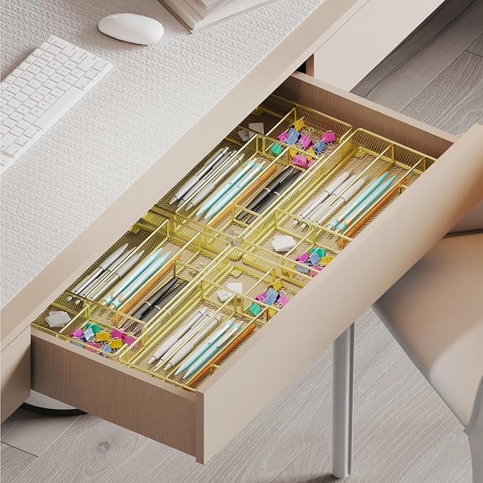 Desk Drawer Organizer Tray, Office Drawer Organizer, Desk Accessories & Workspace Organizers, Suitable for Tools, Pencils, Office Supplies Storage (Gold)