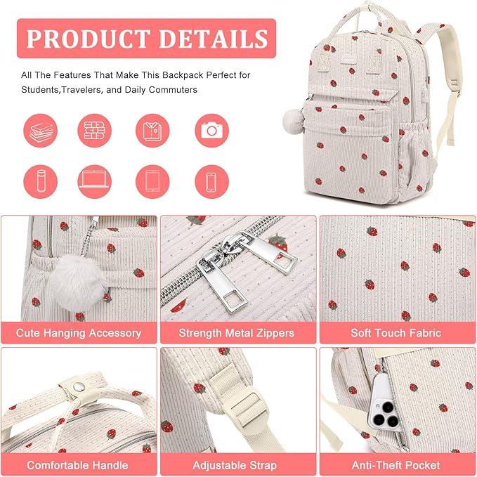 School Backpack for Girls Laptop Bookbag: Casual Corduroy Women Backpacks with USB Charging Port TSA Friendly Travel Back Pack with Anti-Theft Pockets Cute College Daypack for Teen Students Strawberry