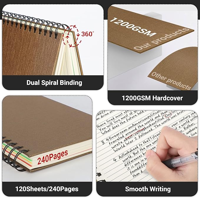 EUSOAR Spiral Notebook 5 Subject, 3pcs A4 11" x8-1/2 College Ruled Writing Pad, Thick Hardcover, 100GSM 120Sheets/ 240Pages of Lined Paper, for Journals, Students, Office and Business, Kraft