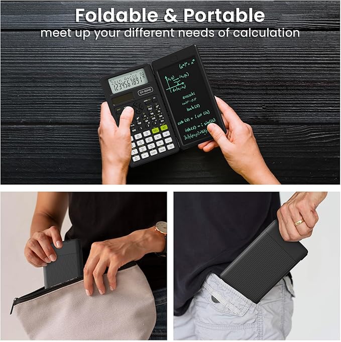 Scientific Calculators for School with Notepad, ROATEE Middle and High School Supplies for Student, 82 MS Foldable 2-Line Display Science Calculator with Writing Tablet, Solar and Battery Power Black