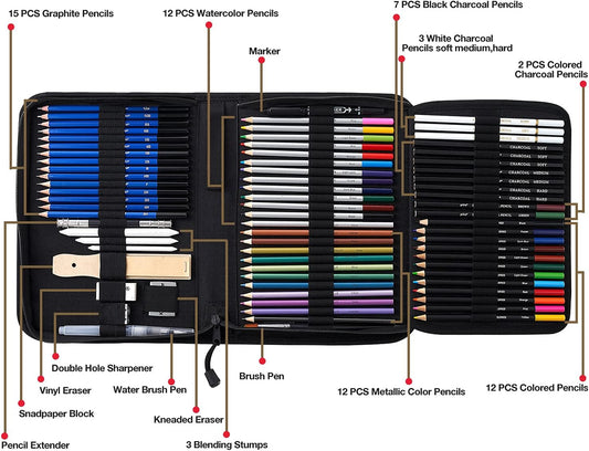 Prina 76 Pack Drawing Set Sketching Kit, Pro Art Supplies with 3-Color Sketchbook, Include Tutorial, Colored, Graphite, Charcoal, Watercolor & Metallic Pencil, for Artists Adults Teens Beginner