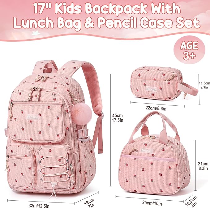 Fimibuke School Backpack for Girls Boys - 3PCS Corduroy Kids Backpack Set with Lunch Box & Pencil Pouch, Lightweight Teen Girls School Bag Laptop Bag Travel Daypack for Elementary Middle High School