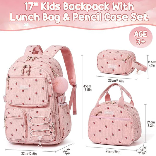 Fimibuke School Backpack for Girls Boys - 3PCS Corduroy Kids Backpack Set with Lunch Box & Pencil Pouch, Lightweight Teen Girls School Bag Laptop Bag Travel Daypack for Elementary Middle High School