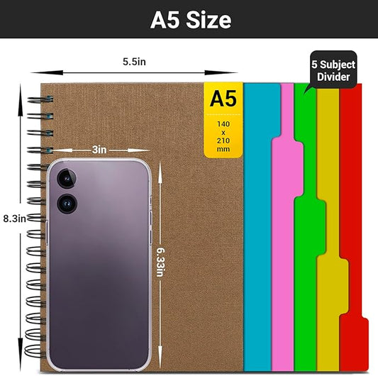 EUSOAR Notebook 5 Subject with Tabs, 1pcs A5 5.5"x8.3" Spiral College Ruled Writing Pad, 100GSM 120Sheets/ 240Pages of Lined Paper, Thick Hardcover, for Traveling Students, Office and Business, Kraft