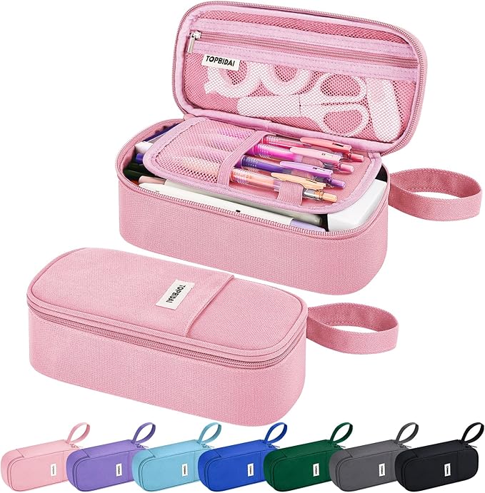 Large Pencil Case Pouch for Girls Women Kids Adults, Big Capacity Canvas Pencil Bag, Office College School Multi Compartment Zipper Stationery Pen Bag (Pink)