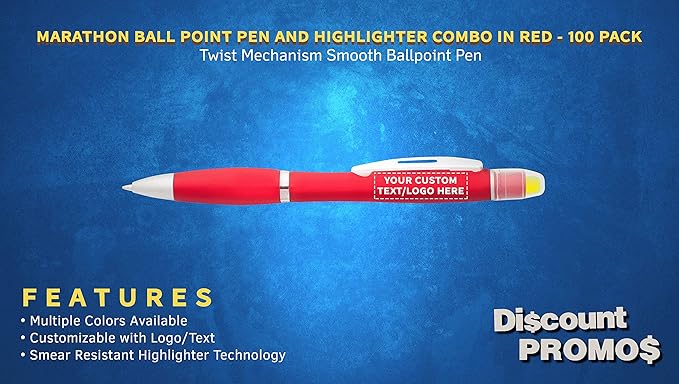 DISCOUNT PROMOS 100 Marathon Gel Highlighter Pens Pack - Customizable Text, Logo - Twist Mechanism, Ballpoint - Red