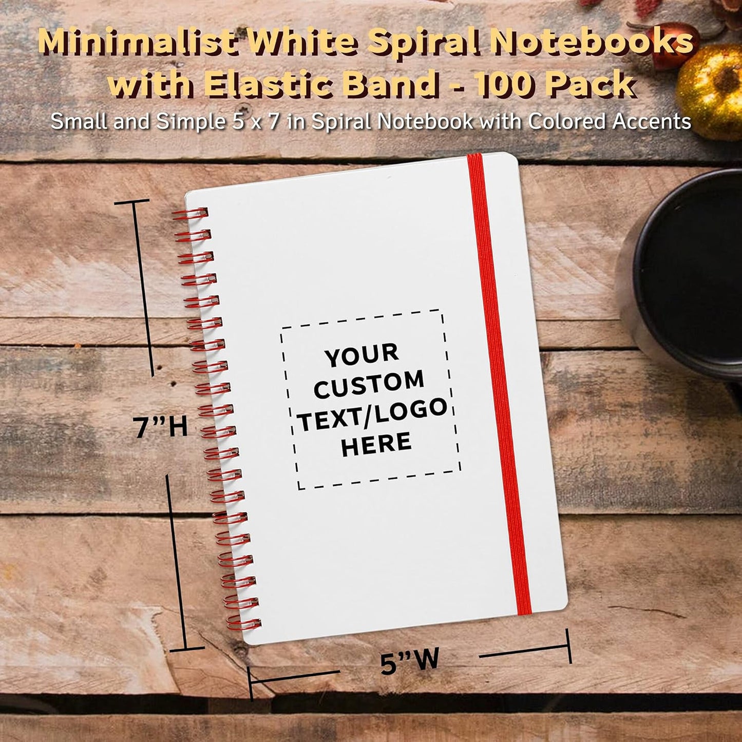 100 White Spiral Notebooks with Elastic Band Pack - Customizable Text, Logo - 80 lined pages, Recycled - Red