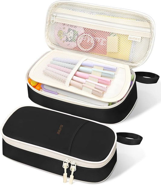 SUNEE Large Pencil Case, Cute Pen Pouch, Aesthetic Zipper Stationery Bag Large Capacity Kawaii Pen Organizer, Black, Bag Organiser