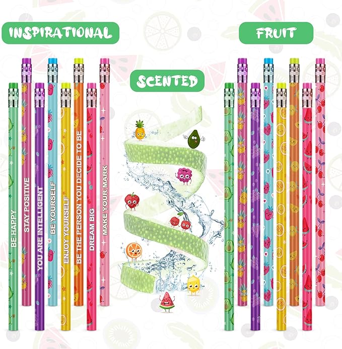 Leinuosen 120 Pcs Scented Pencils for Kids Cute Motivational Colorful Fun Wood HB Pencils Bulk with Erasers Fruit Elements for School Office Classroom Student