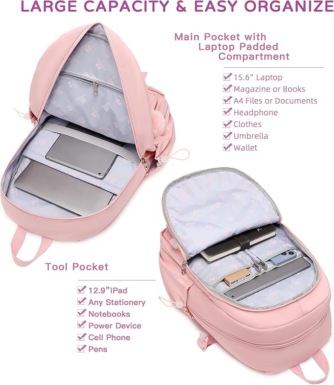 LXYGD Laptop Backpack 15.6 Inch Kids Elementary Middle High School Bag College Backpacks Anti Theft Travel Back Pack Large Bookbags for Teens Girls Women Students (Pink)