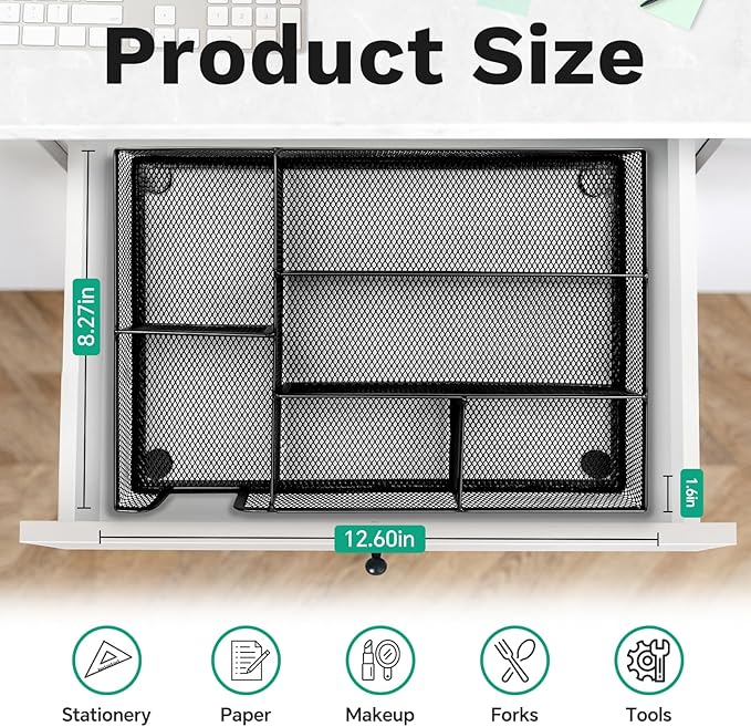 Desk Drawer Organizer Tray Versatile Metal Mesh Desk Organizers and Accessories for Office Supplies, School, Home, 12.60 x 8.66 x 1.77 Inches