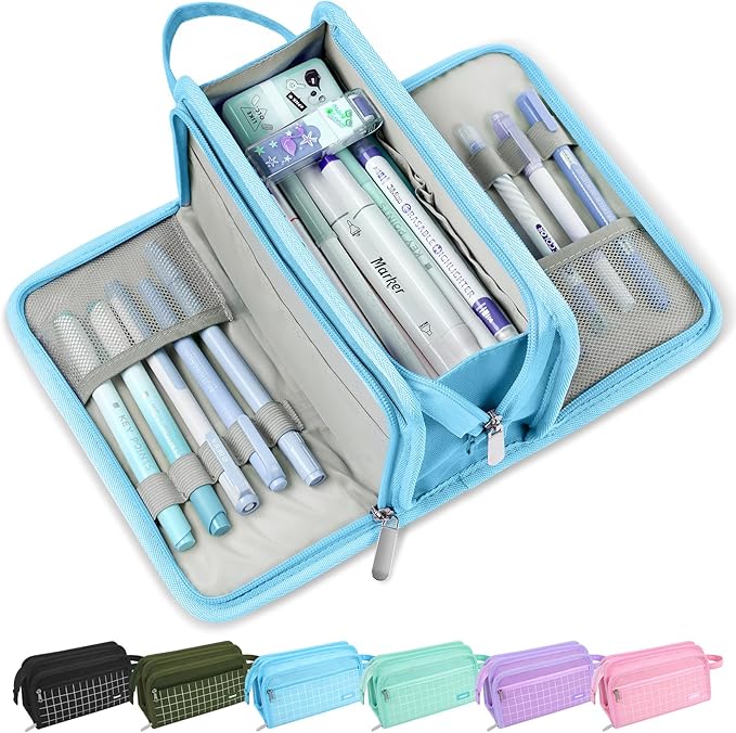 Sooez Large Pencil Case, Big Capacity Pencil Pouch Pen Bag with 3 Compartment, Portable Canvas Stationery Organizer with Zipper, Cute Aesthetic School Supplies for Teen Girls, Sky Blue with Plaid