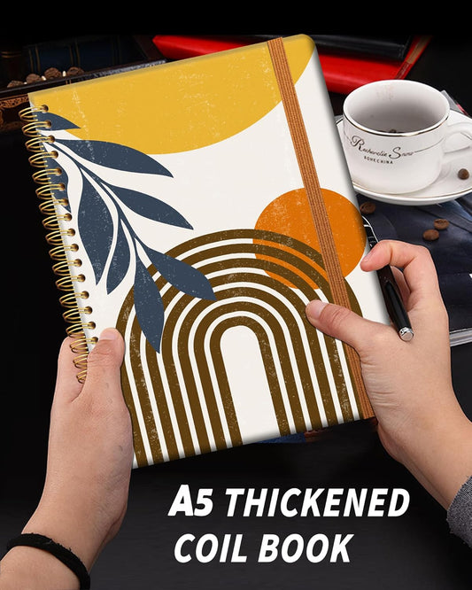 Ruled Spiral Writing Notebook,A5 Hardcover Lined College Journal for Women Lady,Fashion Puppy Watercolor Strong Twin-Wire Binding with Premium Paper,8.4" X 6",Perfect for School,Office,Home Gifts(Abstract Boho Sun Moon Leaves)