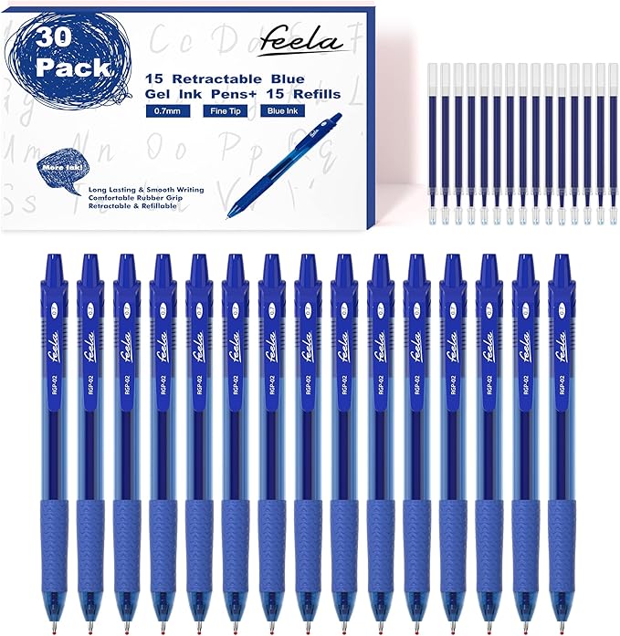 feela 30 Pack Retractable Blue Ink Gel Pens Set Medium Point 15 Piece Fine Point Gel Pen with 15 Refills for Smooth Writing